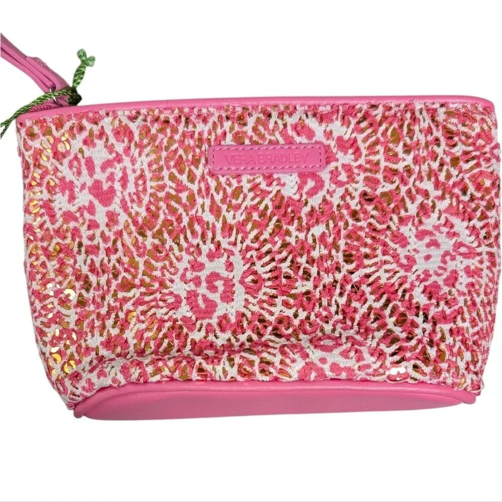 Vera Bradley Mesh Sequin Camocat Pink Wristlet cosmetic bag blooms notebook pen